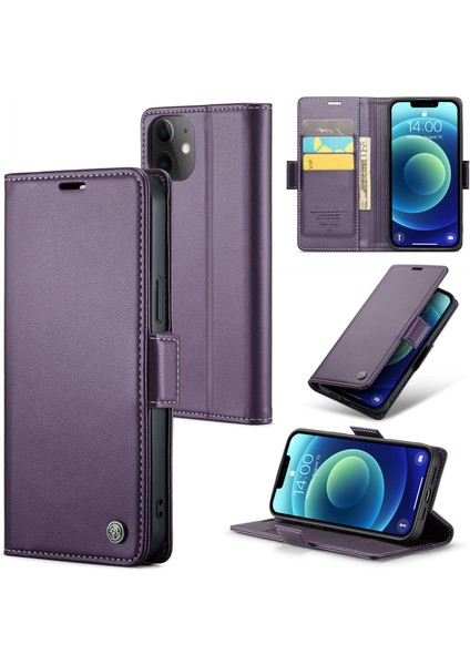 Iphone 12/12 Için Pro Litchi Doku Cüzdan Stand Telefon Kılıfı Rfıd Engelleme Deri Kapak-Mor (Yurt Dışından)
