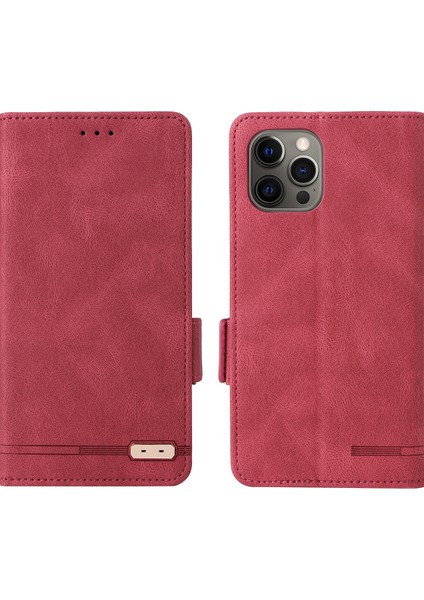 Iphone 12/12 Pro Telefon Kılıfı Donanım Dekoru Pu Deri Telefon Kapağı Manyetik Toka Folyo Flip Stand Cüzdan Case-Rose (Yurt Dışından)