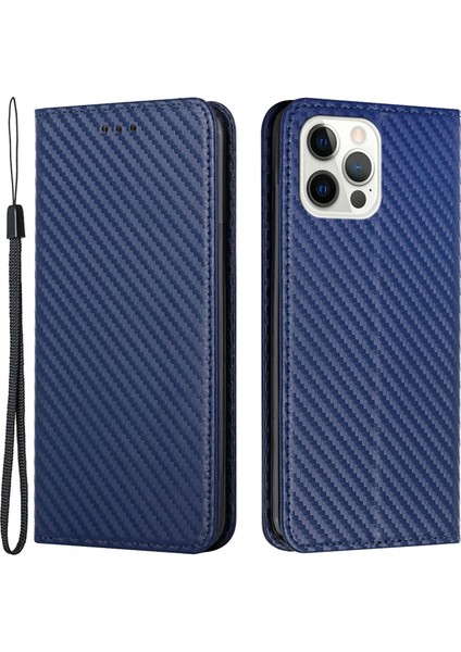 Iphone 12/12 Pro Telefon Kılıfı Karbon Fiber Doku Stand Fonksiyon Otomatik Kapanış Manyetik Deri Kılıf Cüzdan -Blue (Yurt Dışından)