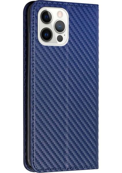 Iphone 12/12 Pro Telefon Kılıfı Karbon Fiber Doku Stand Fonksiyon Otomatik Kapanış Manyetik Deri Kılıf Cüzdan -Blue (Yurt Dışından)