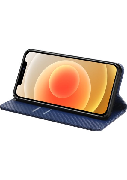 Iphone 12/12 Pro Telefon Kılıfı Karbon Fiber Doku Stand Fonksiyon Otomatik Kapanış Manyetik Deri Kılıf Cüzdan -Blue (Yurt Dışından)