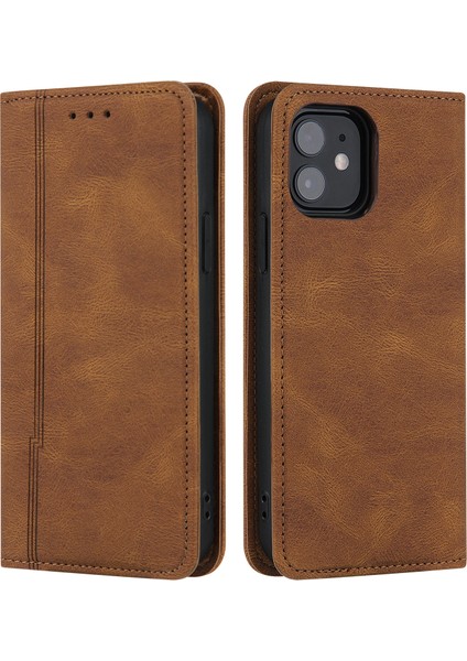 Cilt Touch Manyetik Otomatik Absorbed Hatlar Iphone 12 /12 Pro-Brown Için Cüzdan Deri Telefon Kılıfı (Yurt Dışından)