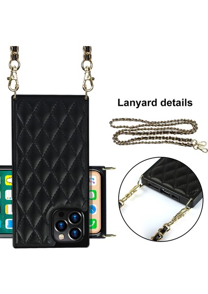 Iphone 12 Pro Max - Black Için Zincir Kordon Dikişli Eşkenar Dörtgen Şok Geçirmez Koruyucu Telefon Kasası (Yurt Dışından)