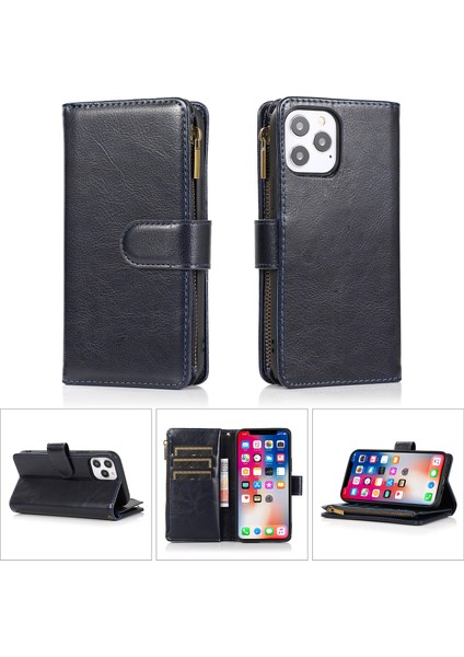 Iphone 12/12 Pro Telefon Kılıfı Çılgın At Deri Kaplamalı Tpu Cüzdan Telefon Stand Kılıfı 9 Kart Yuvası Kickstand Shell -Dark Mavi (Yurt Dışından)