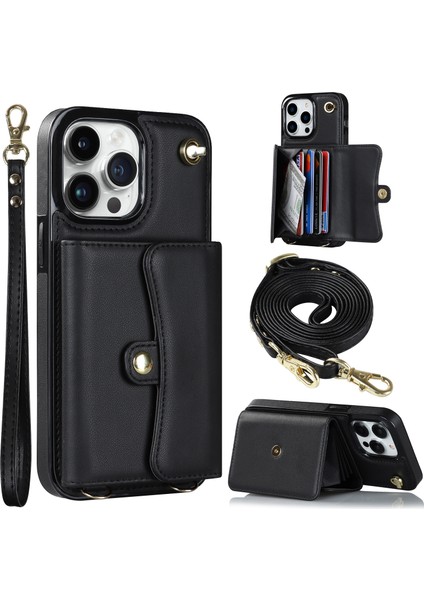 Iphone 12 Pro Maks Kart Yuvaları Için Telefon Kılıfı Pu Deri +Tpu Kickstand Kapak Kısa +Uzun Kayışlar Black (Yurt Dışından)