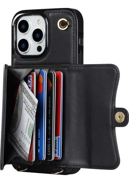 Iphone 12 Pro Maks Kart Yuvaları Için Telefon Kılıfı Pu Deri +Tpu Kickstand Kapak Kısa +Uzun Kayışlar Black (Yurt Dışından)