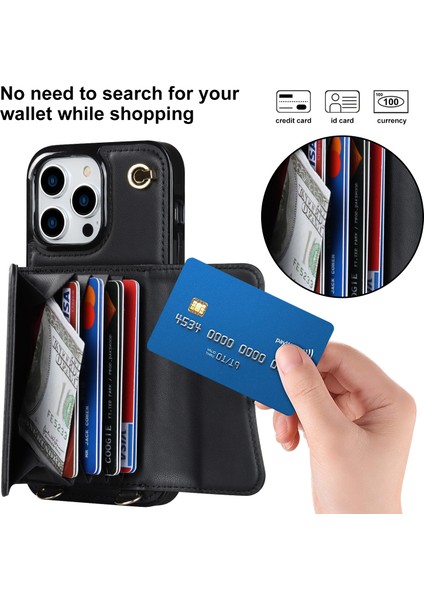 Iphone 12 Pro Maks Kart Yuvaları Için Telefon Kılıfı Pu Deri +Tpu Kickstand Kapak Kısa +Uzun Kayışlar Black (Yurt Dışından)