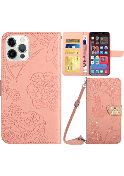 Iphone 12/12 Pro Telefon Kılıfı Rhinestone Dekor Cilt Touch Pu Deri Kapak Kelebek Çiçekleri Baskılı Telefon Stand Cüzdan Kılıf Omuz Kayışı Pembe (Yurt Dışından)