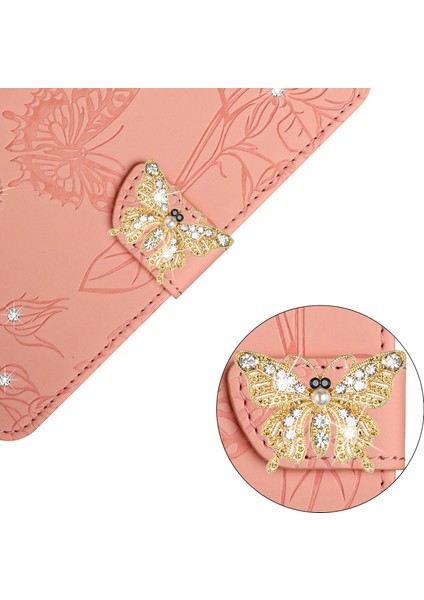 Iphone 12/12 Pro Telefon Kılıfı Rhinestone Dekor Cilt Touch Pu Deri Kapak Kelebek Çiçekleri Baskılı Telefon Stand Cüzdan Kılıf Omuz Kayışı Pembe (Yurt Dışından)