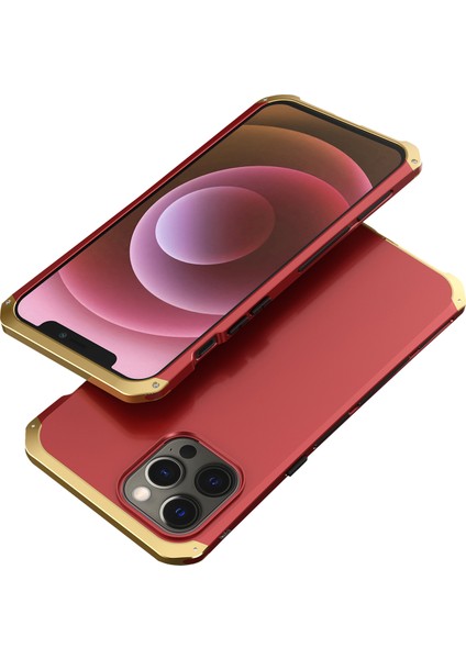 Iphone 12 Pro Max Telefon Kılıfı Için Sabit Pc Arka Metal Çerçeve Anti-Drop Hibrit Kapak-Kırmızı/altın (Yurt Dışından)