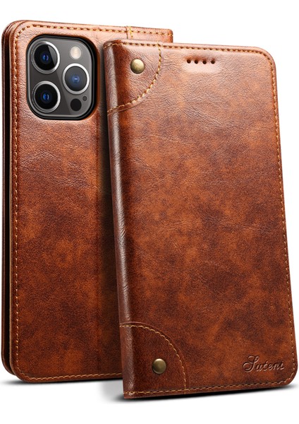 Iphone 12/12 Pro Telefon Kılıfı Basit Stil Güçlü Otomatik Ahmed Pu Deri+Tpu Kasa Cüzdan Stand Şok Geçirmez Telefon Kabuğu -Khaki (Yurt Dışından)