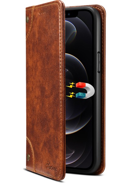 Iphone 12/12 Pro Telefon Kılıfı Basit Stil Güçlü Otomatik Ahmed Pu Deri+Tpu Kasa Cüzdan Stand Şok Geçirmez Telefon Kabuğu -Khaki (Yurt Dışından)