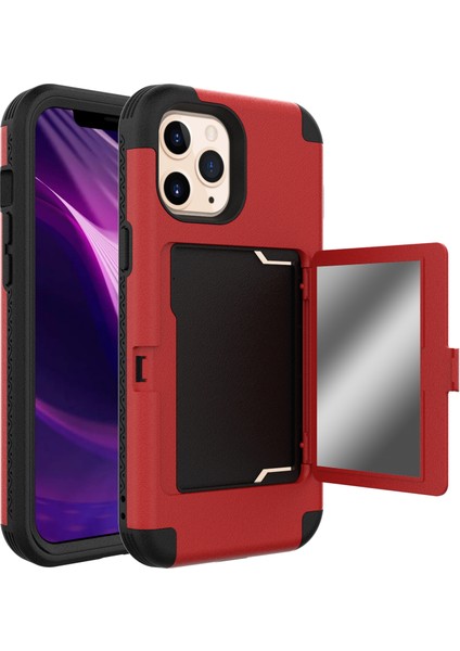 Iphone 12 Pro Max Için Kart Tutucu ve Gizli Ayna ile Şok Geçirmez Pc+Tpu Koruyucu Kapak - Kırmızı (Yurt Dışından)
