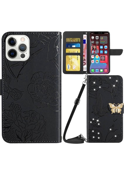 Iphone 12/12 Pro Telefon Kılıfı Rhinestone Dekor Cilt Touch Pu Deri Kapak Kelebek Çiçekleri Baskılı Telefon Stand Cüzdan Kılıf Omuz Kayışı Black (Yurt Dışından)