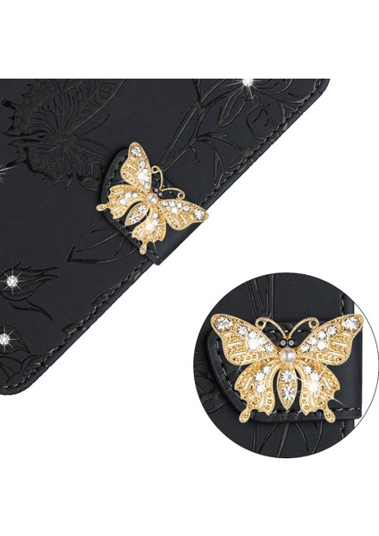 Iphone 12/12 Pro Telefon Kılıfı Rhinestone Dekor Cilt Touch Pu Deri Kapak Kelebek Çiçekleri Baskılı Telefon Stand Cüzdan Kılıf Omuz Kayışı Black (Yurt Dışından)