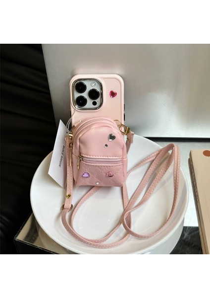 Iphone 12 Pro Max Pu Mini Schoolbag Tpu Telefon Kılıfı Omuz Kayış Pembe ile Önleme Önleme Kapağı (Yurt Dışından)