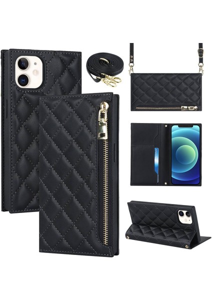 Iphone 12 Pro Phone Kılıf Anti-Drop Telefon Kapağı Rhombus Rhombus Baskılı Telefon Kılıfı Pu Deri Fermuar Cep Cüzdan Omuz Kayışı Black Stand (Yurt Dışından)
