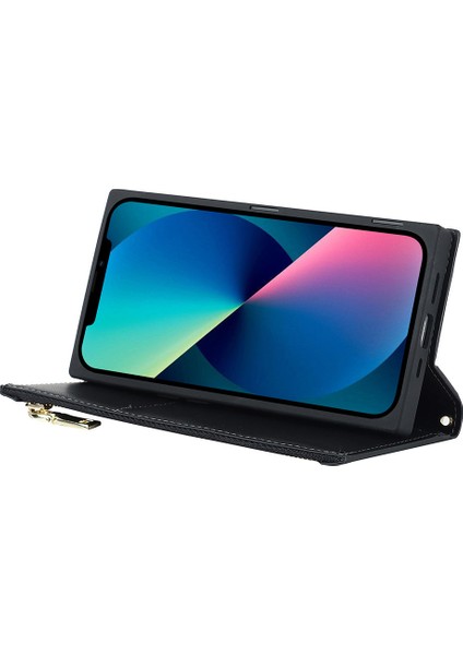 Iphone 12 Pro Phone Kılıf Anti-Drop Telefon Kapağı Rhombus Rhombus Baskılı Telefon Kılıfı Pu Deri Fermuar Cep Cüzdan Omuz Kayışı Black Stand (Yurt Dışından) modelleri