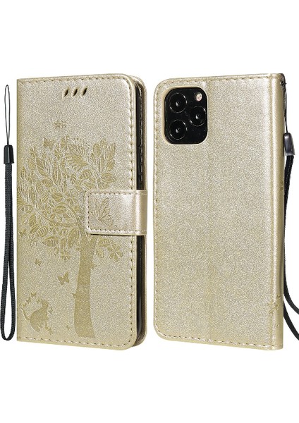 Iphone 12/12 Pro Telefon Kılıfı Için Baskılı Kedi ve Ağaç Deseni Pu Deri Cüzdan Stand -Gold ile Telefon Kılıfı (Yurt Dışından)