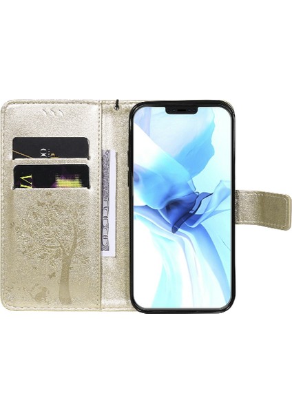 Iphone 12/12 Pro Telefon Kılıfı Için Baskılı Kedi ve Ağaç Deseni Pu Deri Cüzdan Stand -Gold ile Telefon Kılıfı (Yurt Dışından)