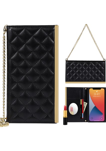 El Çantası Izgara Doku Telefon Çantası Deri Telefon Stand Kılıfı Iphone 12/12 Pro-Black Için Makyaj Aynası (Yurt Dışından)