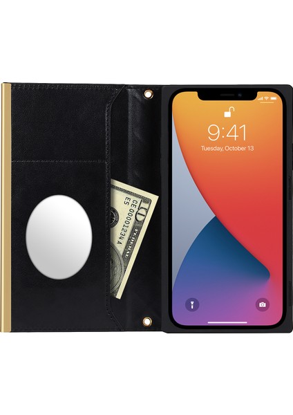 El Çantası Izgara Doku Telefon Çantası Deri Telefon Stand Kılıfı Iphone 12/12 Pro-Black Için Makyaj Aynası (Yurt Dışından)