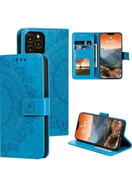 Baskılı Mandala Çiçek Cüzdan Deri Deri Flip Kapak Iphone 12 Pro Max 6.7 Inç - Mavi (Yurt Dışından)