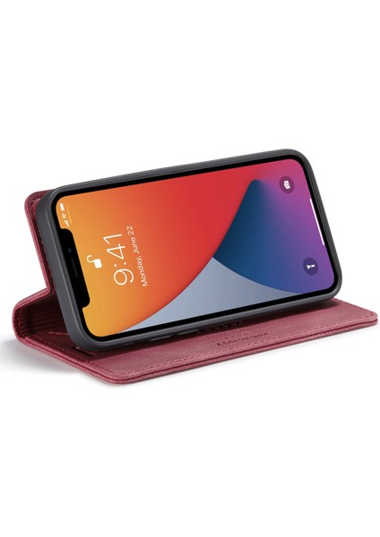 Iphone 12/12 Pro Telefon Kılıfı Rfıd Engelleme Manyetik Kapatma Kabuk Retro Mat Pu Deri Cüzdan Flip Stand Kapak-Kırmızı (Yurt Dışından)