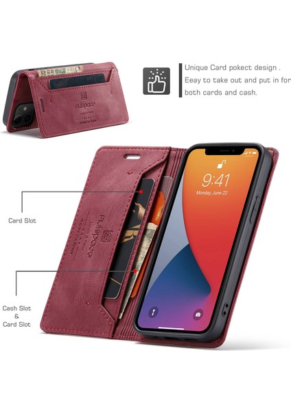 Iphone 12/12 Pro Telefon Kılıfı Rfıd Engelleme Manyetik Kapatma Kabuk Retro Mat Pu Deri Cüzdan Flip Stand Kapak-Kırmızı (Yurt Dışından)