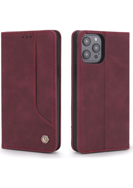 Iphone 12/12 Pro Telefon Kılıfı Retro Style Pu Deri Cüzdan Kılıfı Görüntüleme Standı Manyetik Otomatik Absorbed Flip Cover -Wine Kırmızı (Yurt Dışından)
