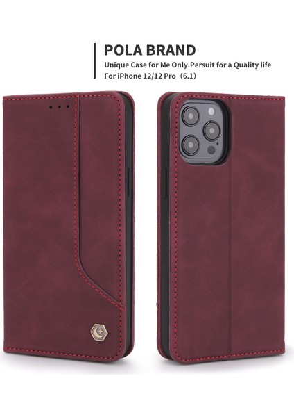 Iphone 12/12 Pro Telefon Kılıfı Retro Style Pu Deri Cüzdan Kılıfı Görüntüleme Standı Manyetik Otomatik Absorbed Flip Cover -Wine Kırmızı (Yurt Dışından)