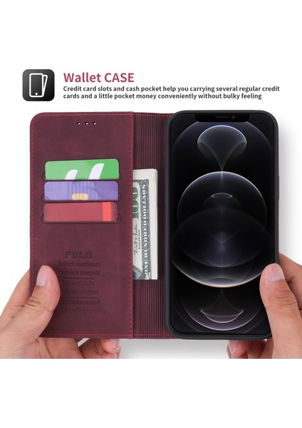 Iphone 12/12 Pro Telefon Kılıfı Retro Style Pu Deri Cüzdan Kılıfı Görüntüleme Standı Manyetik Otomatik Absorbed Flip Cover -Wine Kırmızı (Yurt Dışından)