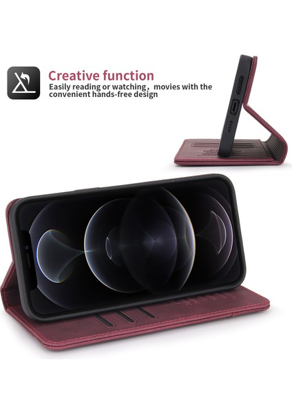 Iphone 12/12 Pro Telefon Kılıfı Retro Style Pu Deri Cüzdan Kılıfı Görüntüleme Standı Manyetik Otomatik Absorbed Flip Cover -Wine Kırmızı (Yurt Dışından)
