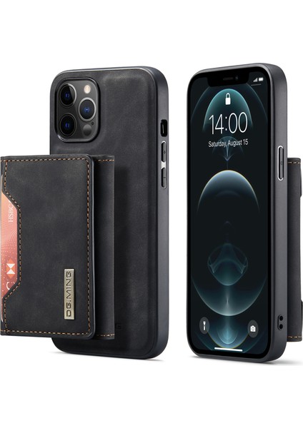 Kickstand Tasarım Manyetik Tri Katlı Cüzdan iPhone 12 Pro Max 6.7 Inç-Siyah Için Deri Telefon Kasası Kabuğu (Yurt Dışından)