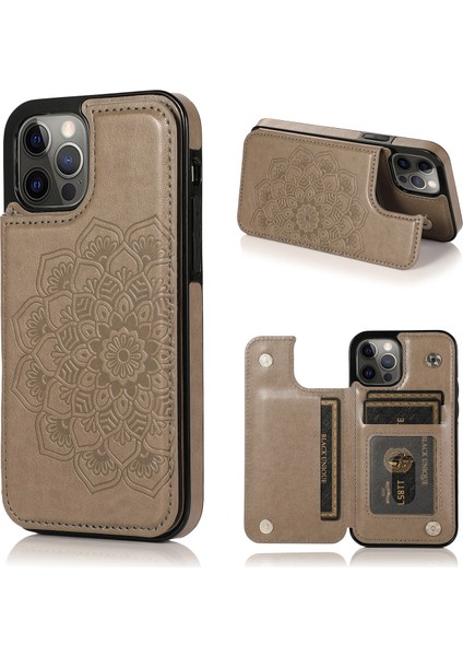 Iphone 12/12 Pro Pu Derisi+Tpu Hibrid Kickstand Cep Telefonu Case-Grey Için Mandala Çiçeği (Yurt Dışından)