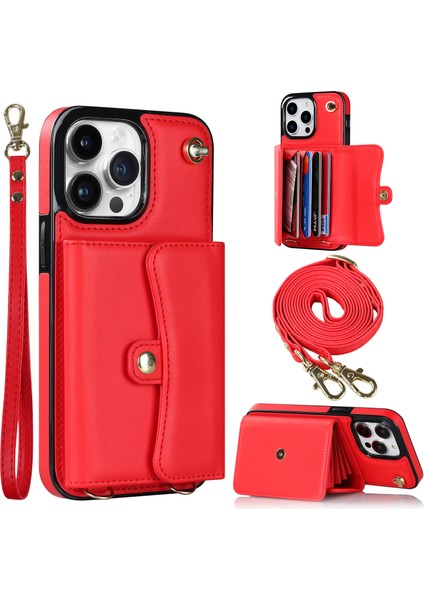 Iphone 12/12 Pro Pu Deri +Tpu Telefon Kılıf Kart Yuvaları Kısa +Uzun Kayışlar Kırmızısı ile Kickstand Cover (Yurt Dışından)