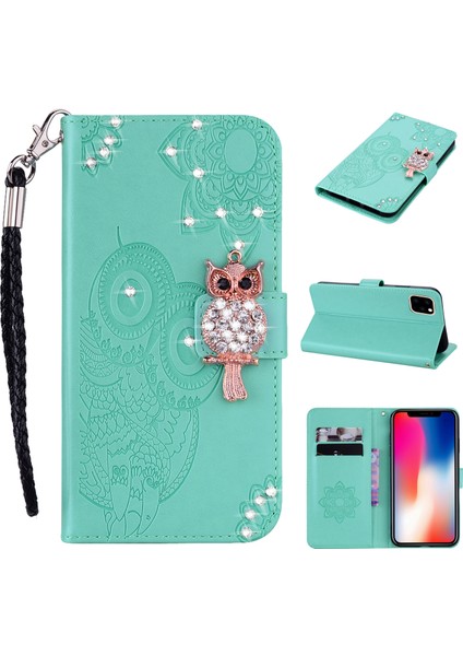 Baykuş Izi Rhinestone Dekor Deri Telefon Kapağı Iphone 12 Pro/iphone 12 - Yeşil (Yurt Dışından)