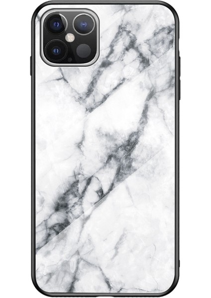 Mermer Tahıl Deseni Temperli Cam Pc + Tpu Hibrit Kılıf Iphone 12 Pro Max 6.7 Inç - Beyaz (Yurt Dışından)