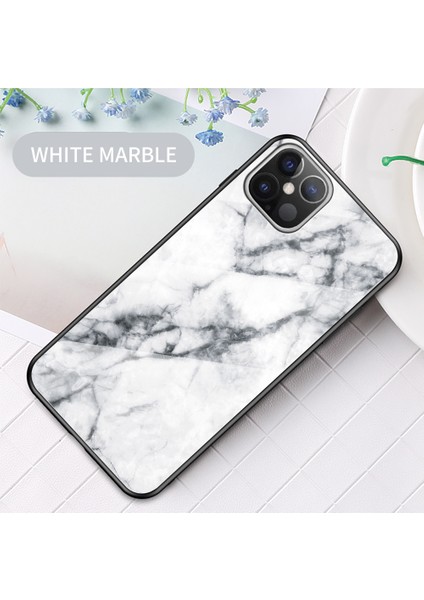 Mermer Tahıl Deseni Temperli Cam Pc + Tpu Hibrit Kılıf Iphone 12 Pro Max 6.7 Inç - Beyaz (Yurt Dışından)