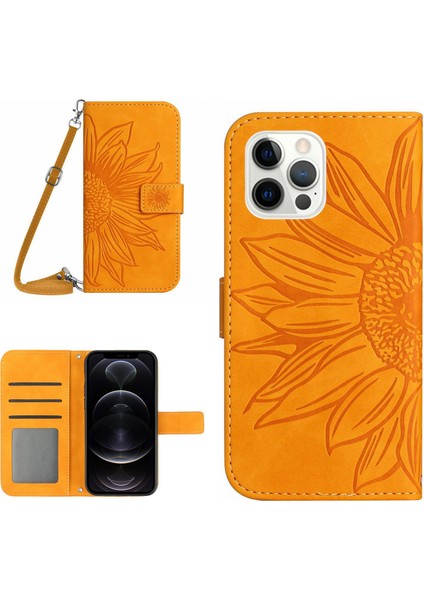 Iphone 12 Pro Max HT04 Için Cilt Touch Ayçiçeği Kılıf Cüzdan Stand Pu Deri Kapak Omuz Askılı Sarı (Yurt Dışından)