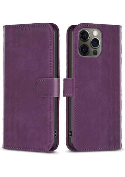 Iphone 12/12 Pro Magnicy Telekle Desrel Baskı Izgara Desen Standı Kapak Telefon Cüzdanı Vaka-Mor (Yurt Dışından)