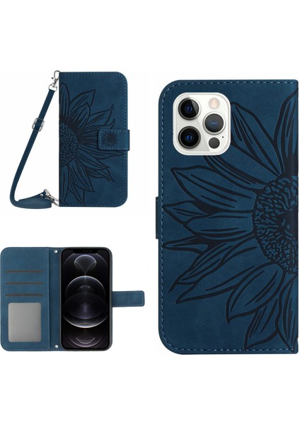 Iphone 12 Pro Max HT04 Için Cilt Touch Ayçiçeği Kılıf Cüzdan Stand Pu Deri Kapak Omuz Kayış-Dark Mavi (Yurt Dışından)