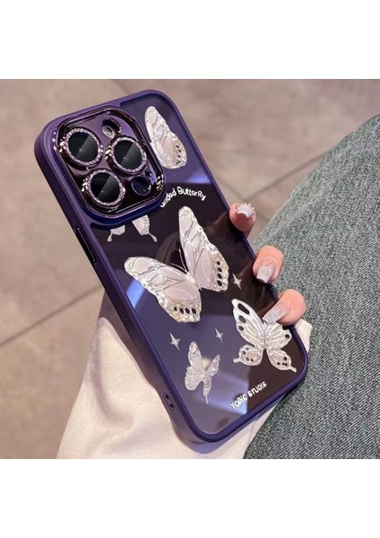 Iphone 12 Pro Phone Kılıf Önleme Önleyici Telefon Kablosu Platin Kelebek Cam+Tpu Telefon Kılıfı Işıltılı Toz Kabuk-Mor (Yurt Dışından)