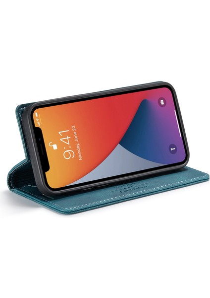 Iphone 12/12 Pro Telefon Kılıfı Rfıd Engelleme Manyetik Kapatma Kabuk Retro Mat Pu Deri Cüzdan Flip Stand Cover-Blue (Yurt Dışından)