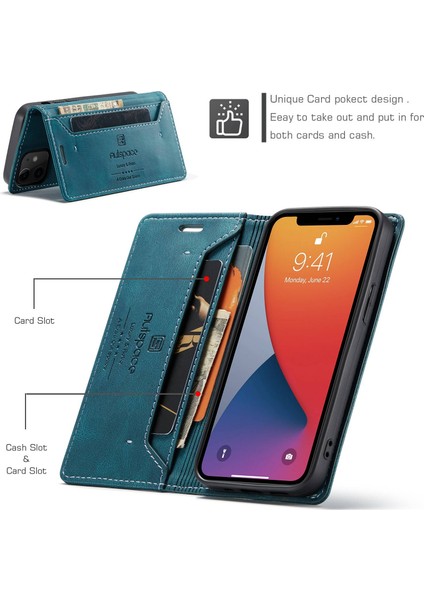 Iphone 12/12 Pro Telefon Kılıfı Rfıd Engelleme Manyetik Kapatma Kabuk Retro Mat Pu Deri Cüzdan Flip Stand Cover-Blue (Yurt Dışından)