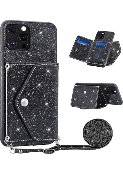 Iphone 12 Pro Max Kickstand Card Tutucu Telefon Kılıfı Pu Derisi+Tpu Glittery Powder Telefon Shell-Black (Yurt Dışından)