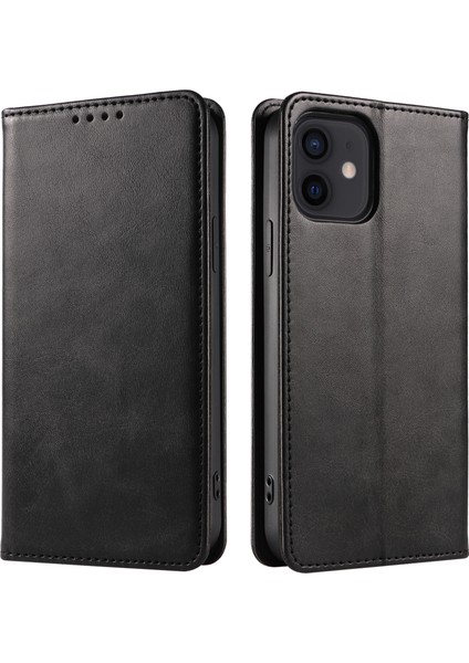 Iphone 12/12 Pro Telefon Kılıfı Anti-Çizelge Anti Telefon Kılıfı Cüzdan Manyetik Deri Stand Buzağı Dokusu Telefon Kapak Black (Yurt Dışından)