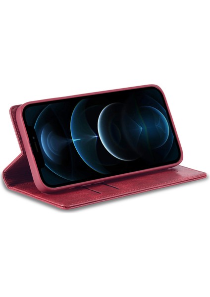 Iphone 12 Pro Max Rfıd Blowantıce Manyetik Otomatik Kapanış Pu Deri Kılıf Telefon Cüzdan Standı Kapak Kırmızısı (Yurt Dışından)