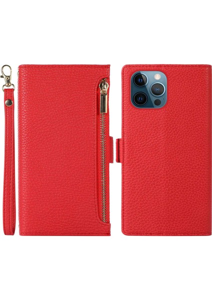 Iphone 12 Pro Max Zipper Cep Tasarımı Için Litchi Doku Telefon Kılıfı, Pu Deri Deri Şok Geçirmez Flip Kapak Cüzdanı Strap-Red ile (Yurt Dışından)