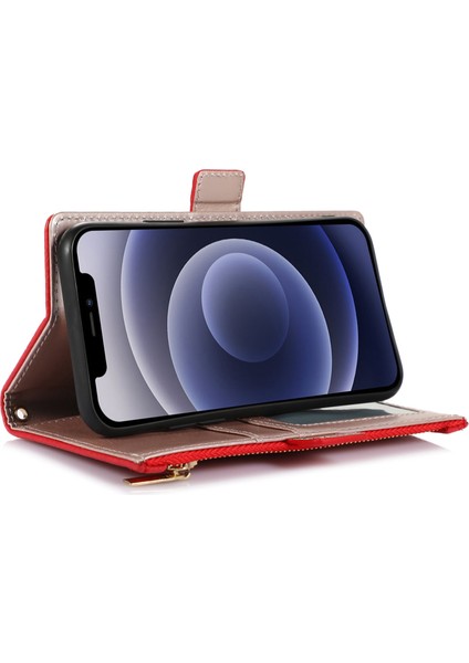 Iphone 12 Pro Max Zipper Cep Tasarımı Için Litchi Doku Telefon Kılıfı, Pu Deri Deri Şok Geçirmez Flip Kapak Cüzdanı Strap-Red ile (Yurt Dışından)